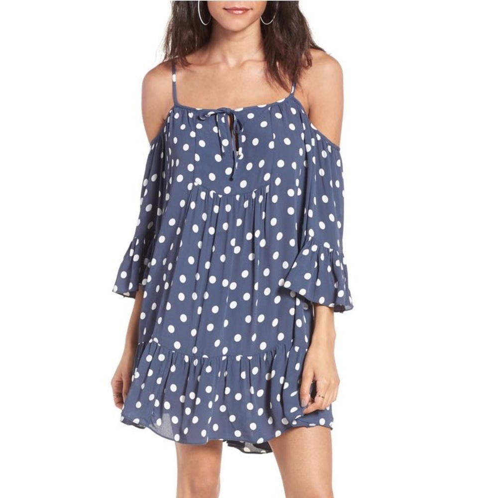 Tularosa Hattie navy blue and white polka dot shift dress
